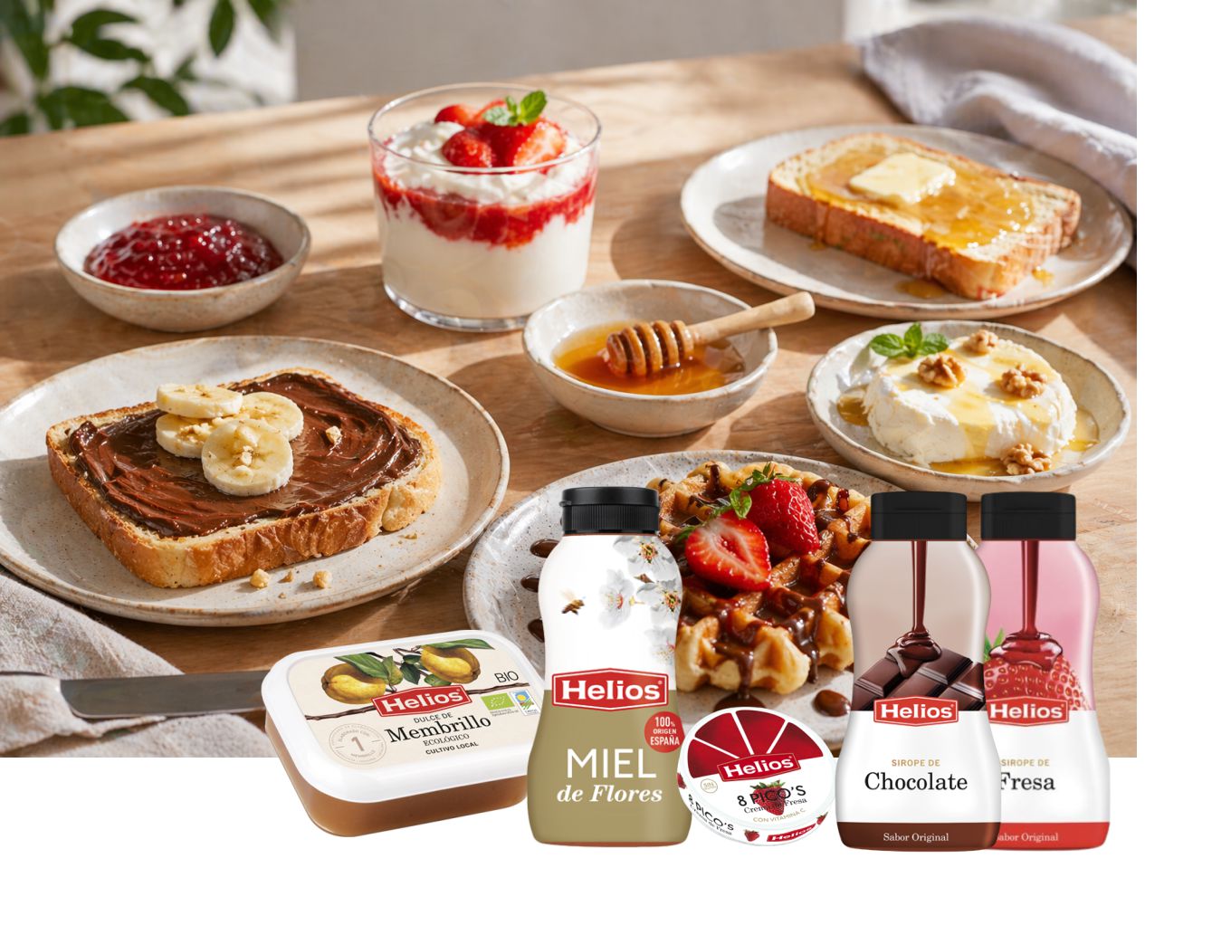 Crema de cacao, dulce de leche, membrillo, siropes, cremas y miel Helios